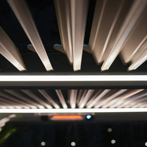 Warm-white LED kit illuminating pergola louvers at night