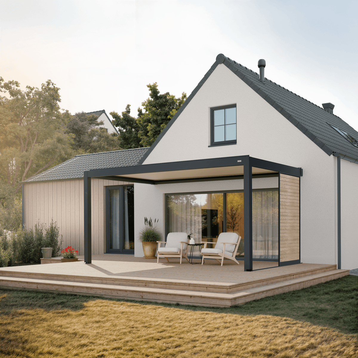 Wood-look sliding shutter closing one side of an anthracite pergola