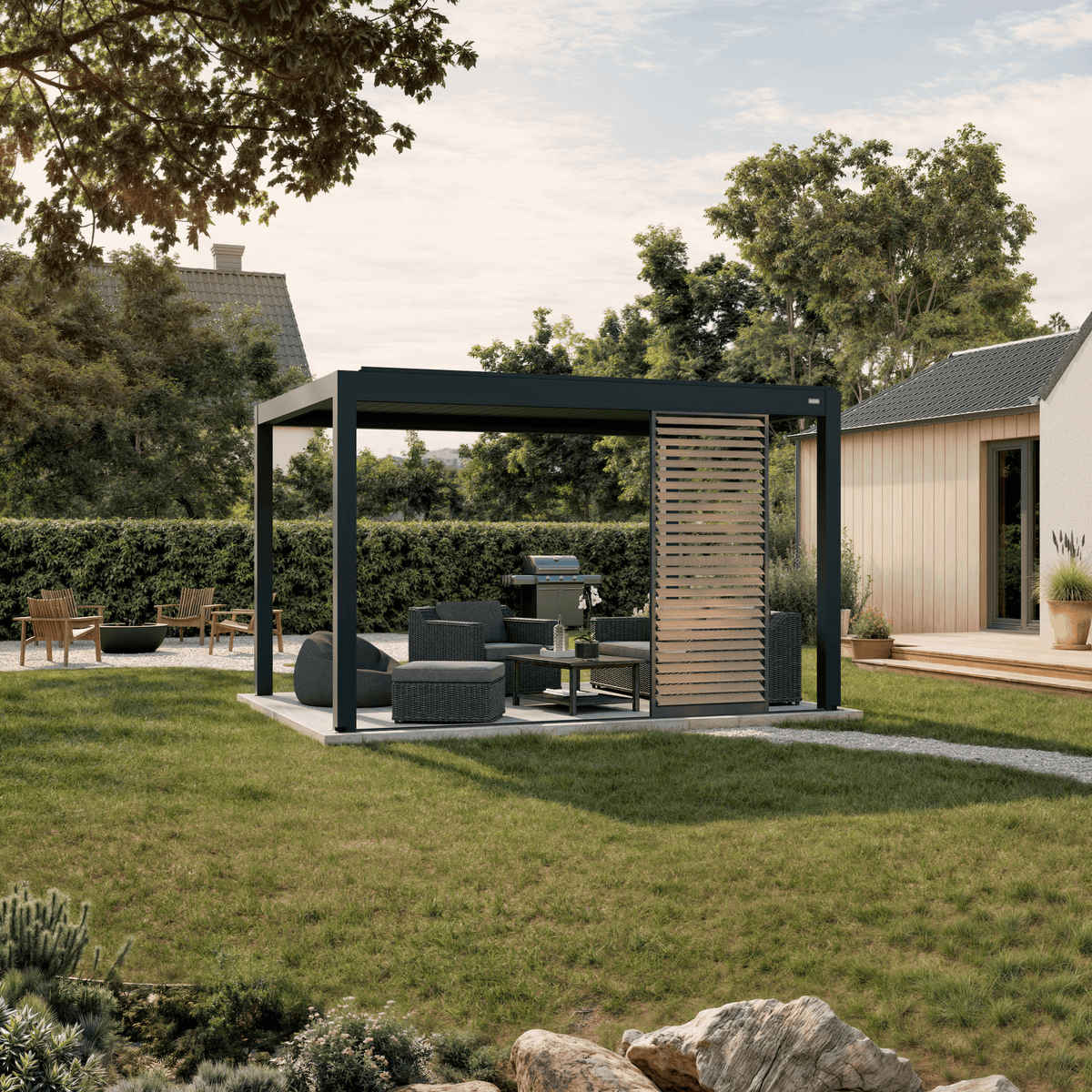 White louvered pergola with wood-look sliding shutter panel