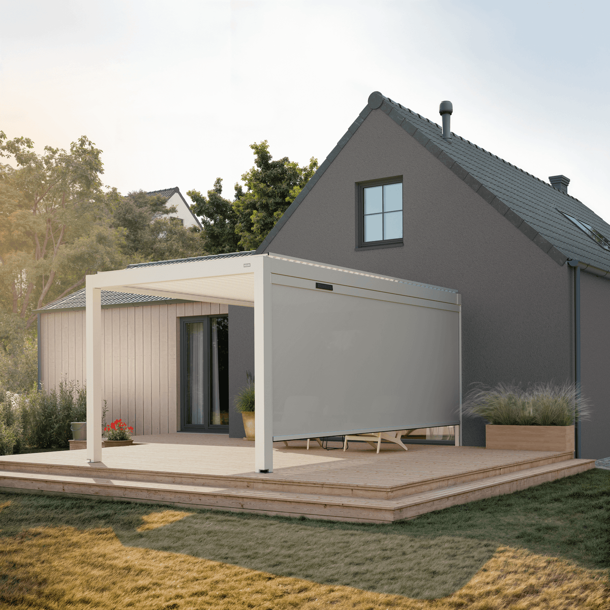 Solar retractable side screen, 16' in white, on an aluminum pergola